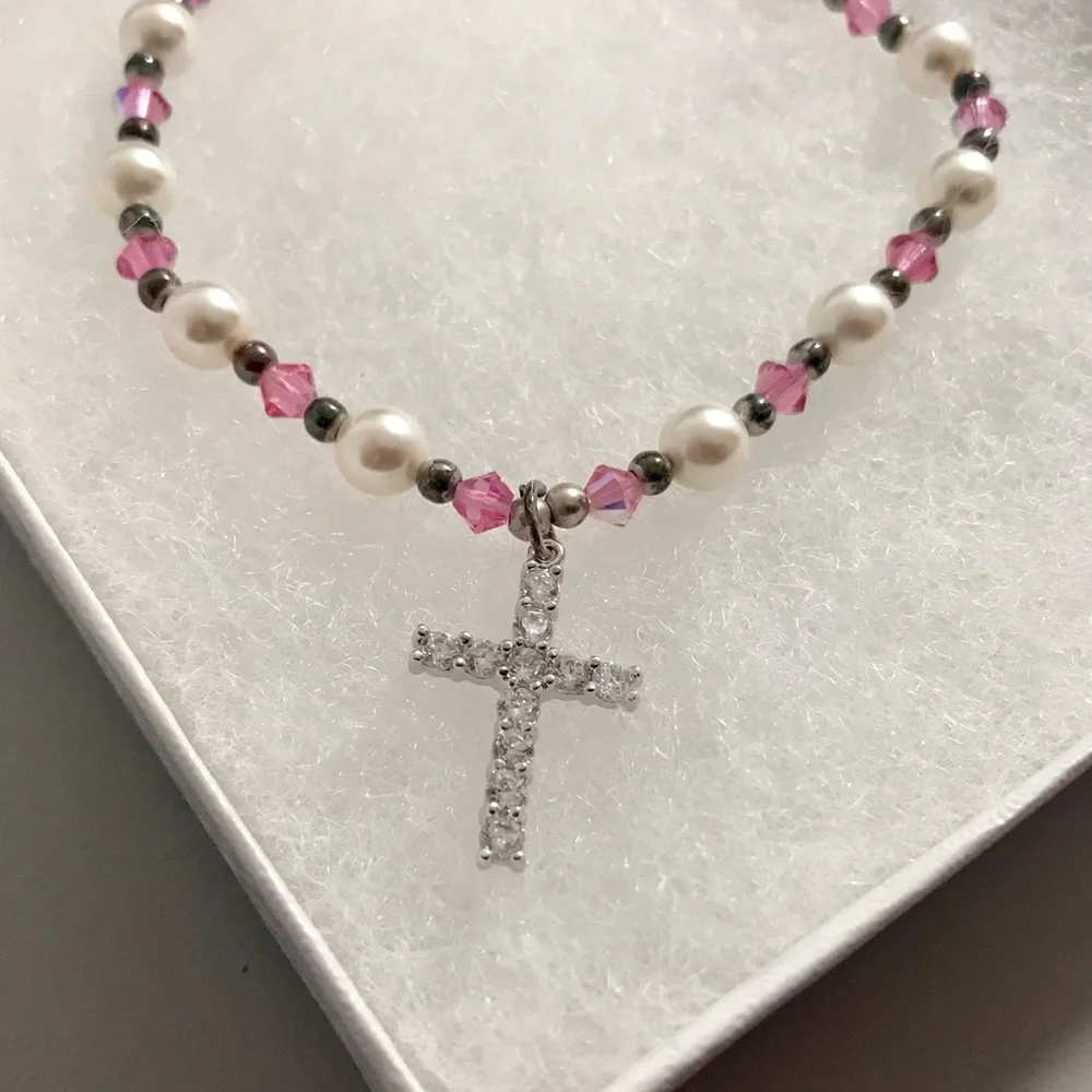 First Communion / Flower Girl Rhinestone Pearl Cross Pendant Necklace